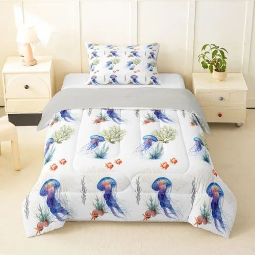 Vista 14 de Erosebridal Blue Ocean - Juego de edredón tamaño individual Juego de ropa de cama de ballena delfín y tortuga marina para niños y niñas, juego