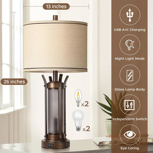 Vista 5 de QiMH - Lámparas de mesa de 26 pulgadas para sala de estar, rústicas, color bronce USB A+C Charging Ports, 4 Bulbs Included, Farmhouse Nightstand