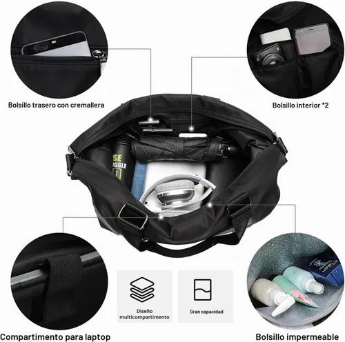 Vista 3 de Bolsa de viaje HYC00, bolsa de fin de semana para llevar en el hombro para mujer, bolsa de gimnasio deportiva con bolsillo para artículos húmedos