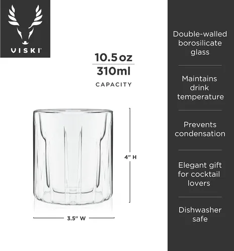 Vista 3 de Viski Vasos de doble pared con diseño de cristal cortado, aptos para lavavajillas, 10.5 onzas, juego de 2