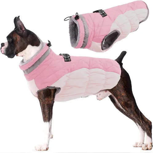 Vista 25 de Lelepet Abrigo cálido para perro, abrigo de invierno para perro, chaqueta impermeable para perros con arnés integrado reflectante de forro polar