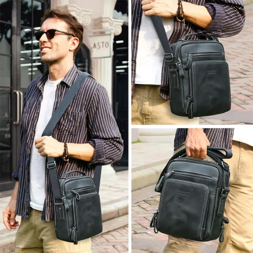 Vista 2 de Contacts Bolso bandolera pequeño de cuero para hombre, bolso cruzado de viaje de negocios, bolso de hombro para iPad de hasta 9.7 pulgadas (gris)