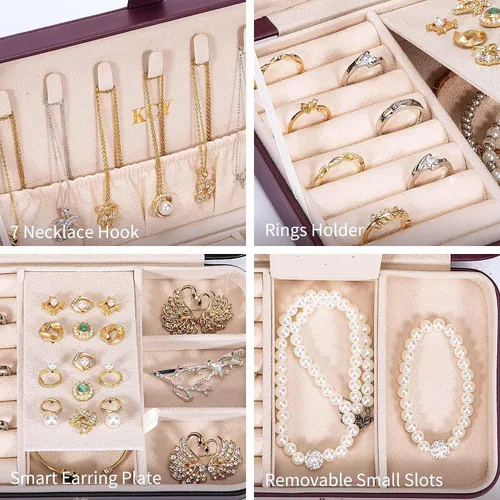 Vista 3 de KCY Joyero para mujeres y niñas, estuche organizador de joyas de viaje pequeño, de piel sintética, portátil, cajas de almacenamiento para anillos