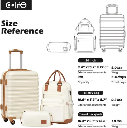 Vista 7 de Coolife Maleta de equipaje de mano con ruedas Softside Bolsa de viaje ligera con ruedas, Blanco, Equipaje rígido con ruedas giratorias