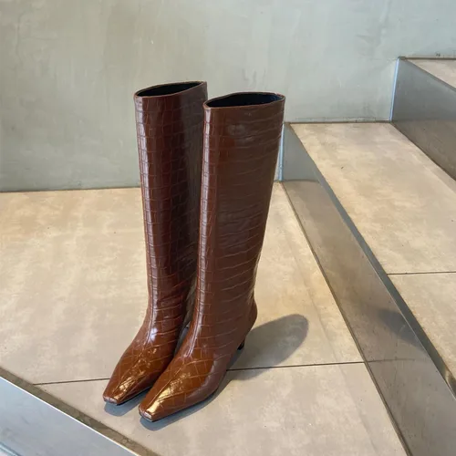 Vista 3 de Vertundy Botas altas hasta la rodilla para mujer, tacón bajo, pantorrilla ancha, botas altas con punta cuadrada, botines clásicos de cocodrilo