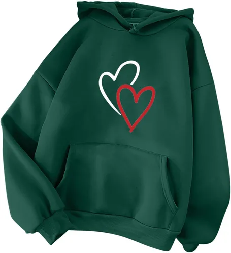 Vista 3 de Blczomt Sudadera con capucha para mujer, casual, de manga larga, con estampado de corazón, a la moda, de gran tamaño, ropa de otoño con bolsillo