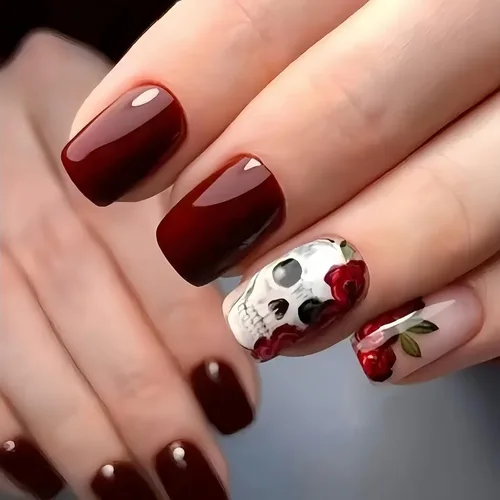 Vista 10 de Uñas postizas a presión para Halloween, cuadradas, cortas, con diseños de bosque lunar, uñas postizas con pegamento oscuro brillante en las uñas