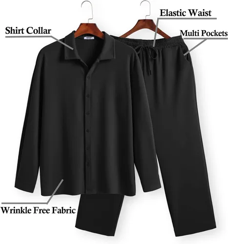 Vista 5 de COOFANDY Conjunto de 2 piezas para hombre, camisa de manga larga con botones, sin arrugas, camisas elásticas