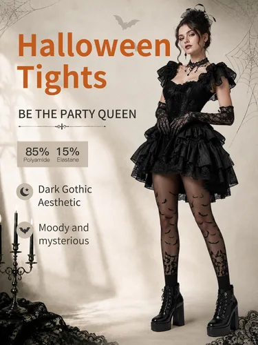 Vista 2 de Yilanmy Medias de Halloween para mujer, pantimedias sketelon, payasos, medias de murciélago aterrador Patrón de murciélago