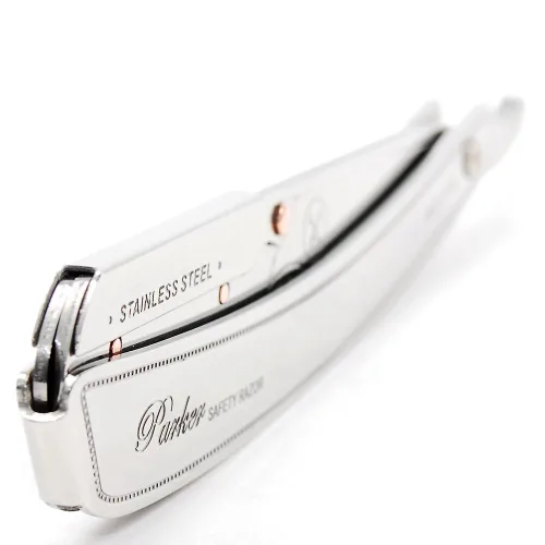 Vista 2 de Maquinilla de afeitar recta Parker SRX – Maquinilla de barbero totalmente de acero inoxidable con soporte de hoja tipo clip para hojas desechables