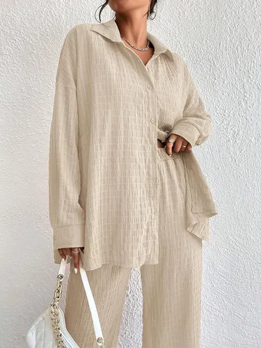 Vista 3 de Conjunto de pantalones para mujer, 2 piezas, casual, de manga larga, con botones, ropa de descanso