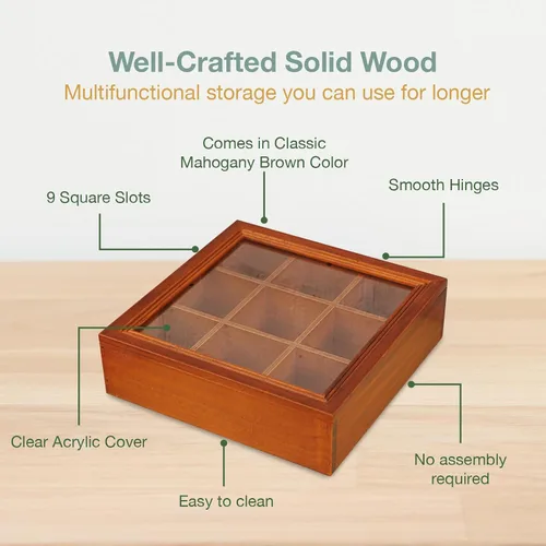 Vista 4 de Mini caja de almacenamiento de madera de 9 ranuras con estuche de acrílico transparente coleccionables, caja organizadora cuadrada de madera