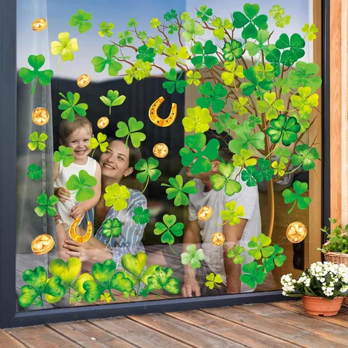 Vista 2 de Whaline 6 hojas de adhesivos para ventana del día de San Patricio - Grandes calcomanías de árbol de trébol en acuarela, decoración irlandesa doble