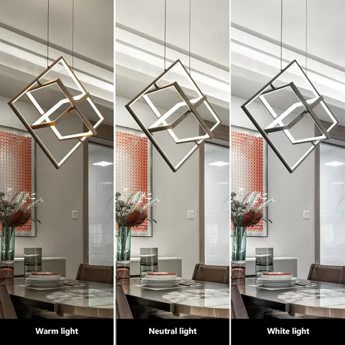 Vista 6 de Lámpara de araña LED moderna negra cuadrada, lámparas geométricas de araña LED, luz colgante regulable, lámpara de araña contemporánea creativa DIY