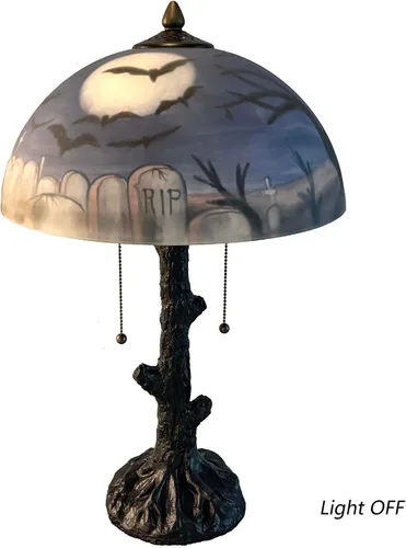 Vista 3 de Bieye L10973 Murciélagos volando sobre el cementerio en la noche de luna llena Lámpara de mesa de vidrio pintada a mano para decoración de Helloween