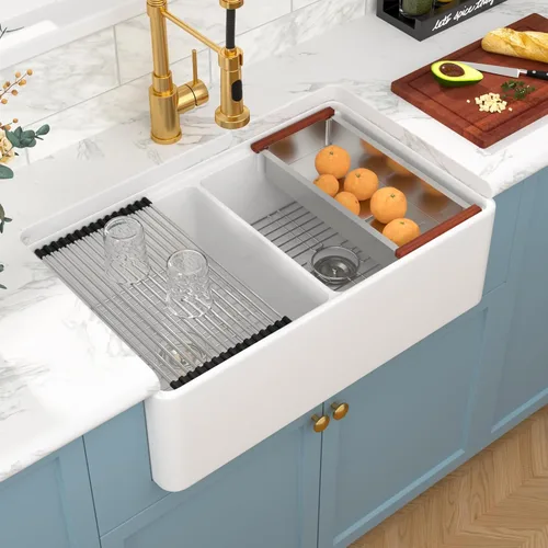 Vista 10 de Sarlai Fregadero de cocina de 33 x 18 pulgadas, color blanco, fregadero de cocina de 33 x 18 pulgadas, cuenco doble frontal 50/50 de porcelana