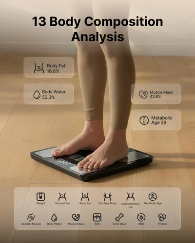 Vista 4 de FITINDEX - Báscula inteligente para peso corporal, grasa corporal, Bmi, pantalla 7 en 1, 500 libras Weight Scale with 13 Body Composition Metrics