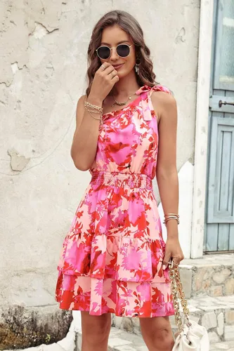 Vista 3 de PRETTYGARDEN Vestido de verano para mujer, con lazo, un hombro, bohemio, floral, cintura elástica, escalonado, volantes, acampanado, mini vestidos