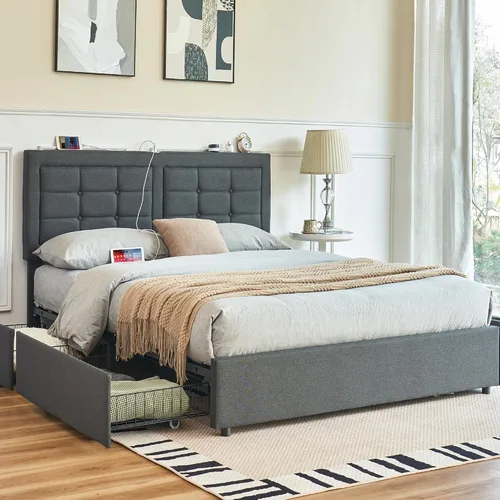 Vista 12 de VECELO Base de cama tamaño matrimonial, cabecera tapizada ajustable con botones, marco de cama resistente con soporte de listones de madera,
