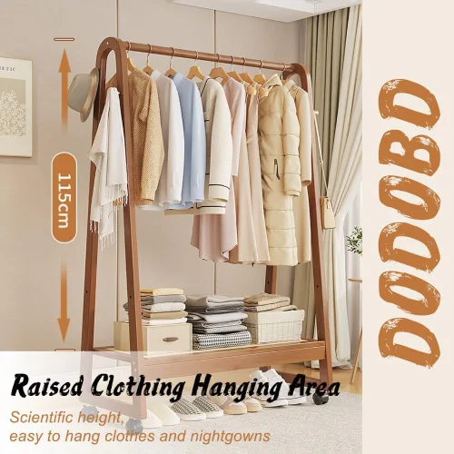 Vista 6 de Bamboo Clothing Rack with Hanging Rails,Sturdy Garment Rack with 2-Tier Shoe Rack,Portable Clothes Rack with Hook and Storage Shelf,for