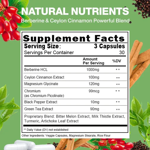 Vista 2 de Suplemento de berberina con canela de Ceilán y picolinato de cromo, 10 en 1 berberina 1000 mg por porción, berberina 5X para metabolismo, corazón e