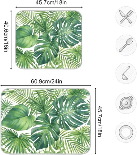 Vista 3 de Tapete de secado de platos con hojas de palma tropical para encimera de cocina, hoja verde de Monstera absorbente de microfibra, almohadilla
