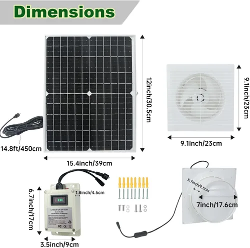 Vista 2 de Ventilador solar para gallinero con batería, ventiladores de escape alimentados por panel solar de 25 W con cable de interruptor de Batería 8000mA