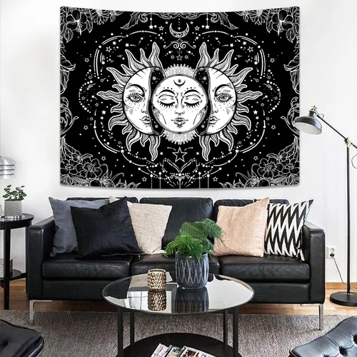 Vista 3 de Lifeella - Tapiz de sol y luna en blanco y negro, tapiz de sol ardiente, estético, místico, para colgar en la pared, decoración de dormitorio