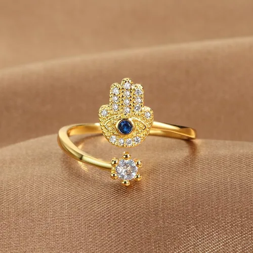 Vista 3 de YILUOCD Hamsa - Anillo de mano contra el mal de ojo para mujer, anillo de mano de Fátima Hamsa de ojo malvado, anillo de circonita cúbica azul