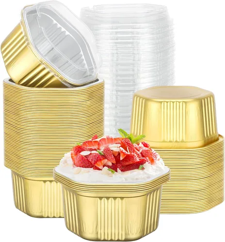 Vista 33 de Beasea Tazas desechables para hornear con tapas, juego de 50 unidades, 13.5 oz 400 ml, ramekins de aluminio con tapa de papel de aluminio, moldes