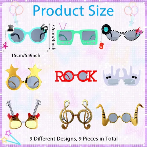 Vista 2 de Paquete de 9 gafas de sol divertidas de música rock, decoración de los años 80 y 90, suministros de fiesta de música retro, radio, estrellas