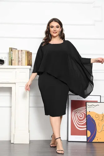 Vista 2 de KIMCURVY Vestido de capa de talla grande para mujer, vestido de tubo con superposición de gasa, vestido midi para boda, cóctel, fiesta