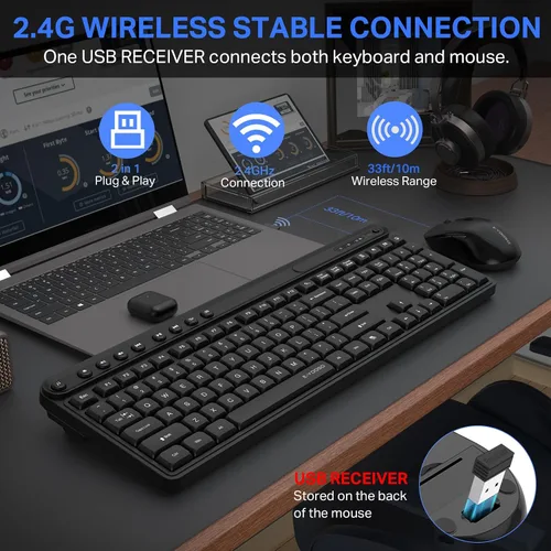 Vista 3 de E-YOOSO - Combo de teclado y mouse inalámbricos, teclado inalámbrico de computadora de tamaño completo y mouse óptico, combo inalámbrico USB sin