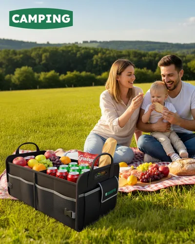 Vista 8 de Organizador de maletero de 2 compartimentos y caja de almacenamiento multicompartimentos de Oxford 600D impermeable, con tiras reflectantes y 8