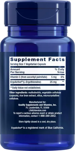 Vista 2 de Life Extension Mega L-ergotioneína, aminoácido de envejecimiento saludable, antioxidante, potente dosis de 25 mg, L-ergotioneína, sin gluten, sin