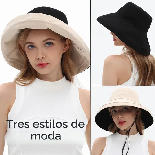 Vista 5 de vidsel Sombreros de sol para mujer, de ala ancha, reversible, de algodón, plegable, de verano, con clip para sombrero, protección UV negro beige