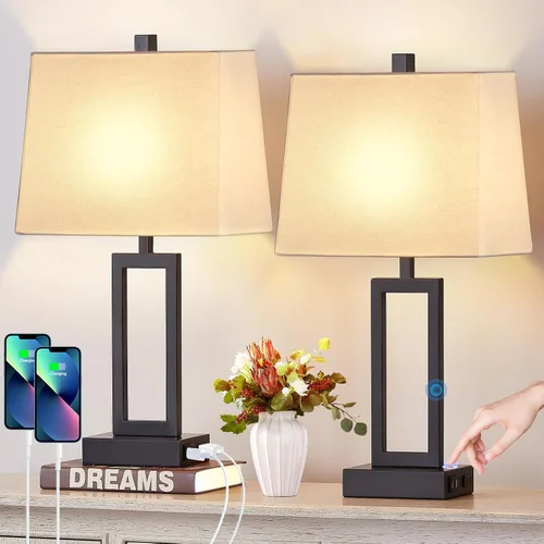 Vista 15 de Lolikit Lámparas de mesa con control táctil de 23.5 pulgadas, lámpara de noche de metal para dormitorio, juego de 2 con puertos USB A+C y salida