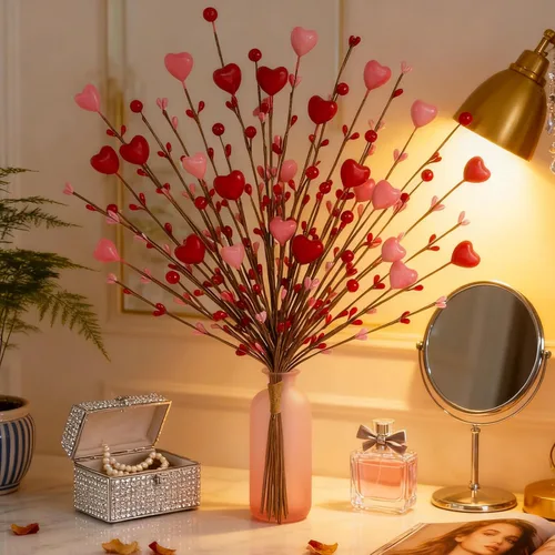 Vista 8 de 6 tallos de bayas artificiales con forma de corazón rosa y rojo para jarrón, ramas de imitación para boda, aniversario, día de San Valentín