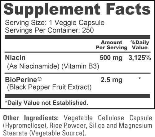 Vista 4 de Niacina sin enjuague, sin OMG, vegana 500 mg, 250 cápsulas vegetarianas