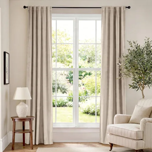 Vista 87 de Lazzzy Cortinas opacas de terciopelo beige de 84 pulgadas de largo con aislamiento térmico para oscurecer la habitación, cortinas forradas de lujo