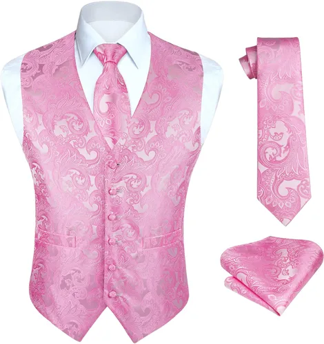 Vista 32 de HISDERN Conjunto de 3 piezas de chaleco formal para hombre, chaleco formal de cachemira floral jacquard corbata bolsillo cuadrado chalecos