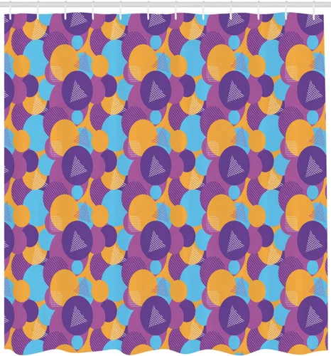 Vista 2 de Ambesonne Synthwave Shower Curtain, Continuous Pattern of Futurism Themed Colorful Shapes Round and Triangles, Cloth Fabric Bathroom Decor Set with