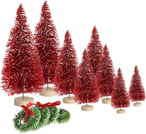Vista 8 de 8 mini árboles de Navidad artificiales, árboles de cepillo de botella con base de madera, árbol de Navidad artificial de sisal escarchado, mini Beige