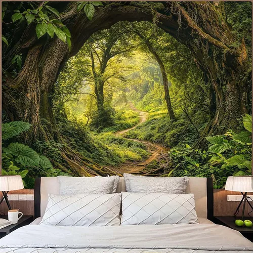 Vista 2 de Kanuyee Tapiz de bosque verde, tapiz de paisaje para pared, tapices de naturaleza para techo y pared, colgante para dormitorio, sala de estar