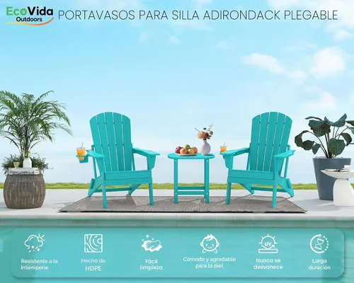 Vista 3 de Juego de sillas plegables Adirondack de 3 piezas, respaldo extra alto de 38 pulgadas y grano de madera en relieve, muebles de patio de polietileno