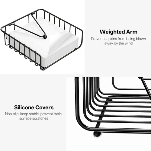 Vista 4 de Paquete de 2 servilleteros para mesa con brazo pesado, servilleteros planos de metal para servilletas de papel, dispensador de servilletas al aire