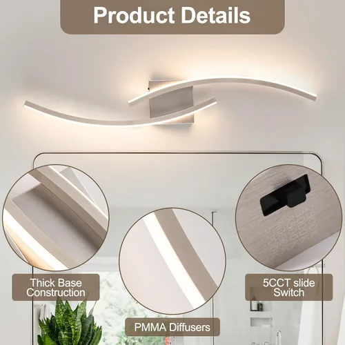 Vista 4 de Lámpara de pared moderna cableada de 3000 ~ 6000 K, lámpara de pared LED plateada de 31.5 pulgadas, luces de pared de níquel cepillado