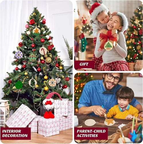Vista 6 de pojah 60 piezas de rebanadas de madera, adornos de Navidad de madera de 4 pulgadas, círculos de madera preperforados sin terminar para centros