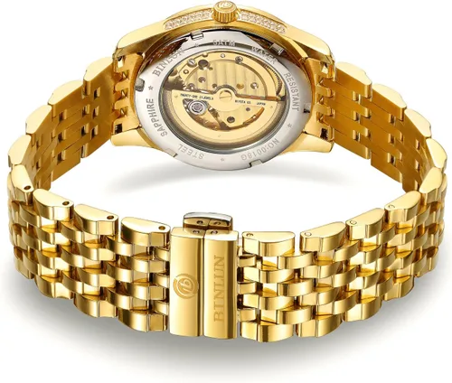 Vista 20 de BINLUN Reloj de pulsera para hombre, mecánico automático, reloj dorado con cuerda automática, elegante, chapado en oro de 18 quilates, relojes