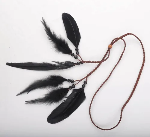 Vista 4 de Jumwrit Diadema de plumas bohemias, tocado gitano hippie con plumas negras, tocado de borla ajustable cuerda de cáñamo con cuentas, accesorios